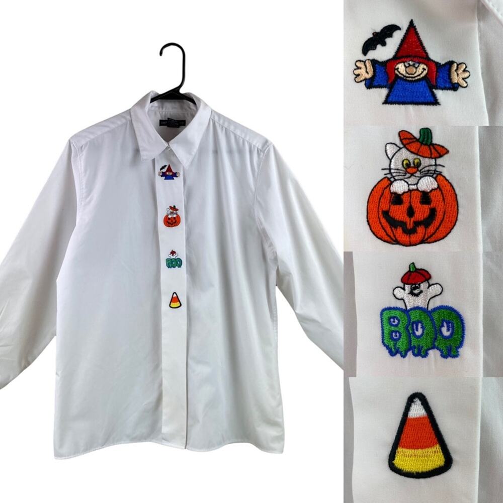 Vintage Impressions Halloween embroidered white button front blouse size 14